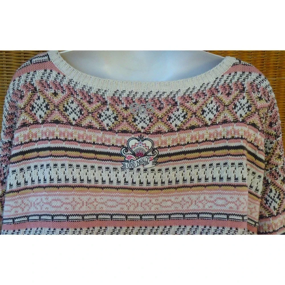 ODD MOLLY PINK FAIR ISLE CREW NECK COTTON KNIT SWEATER SIZE 3 LARGE - Picture 6 of 11